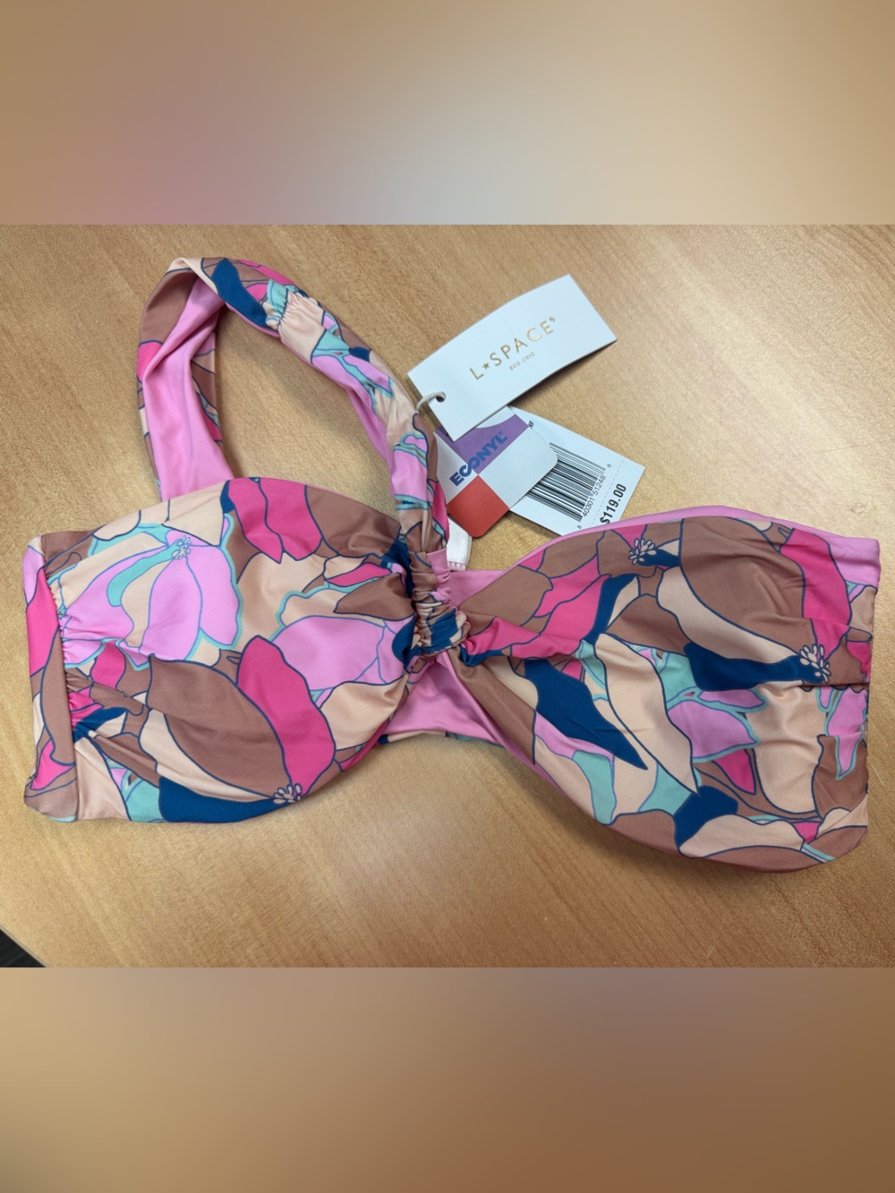 l*space Floral Bandeau Bikini Top — Pink, Brown & Navy
